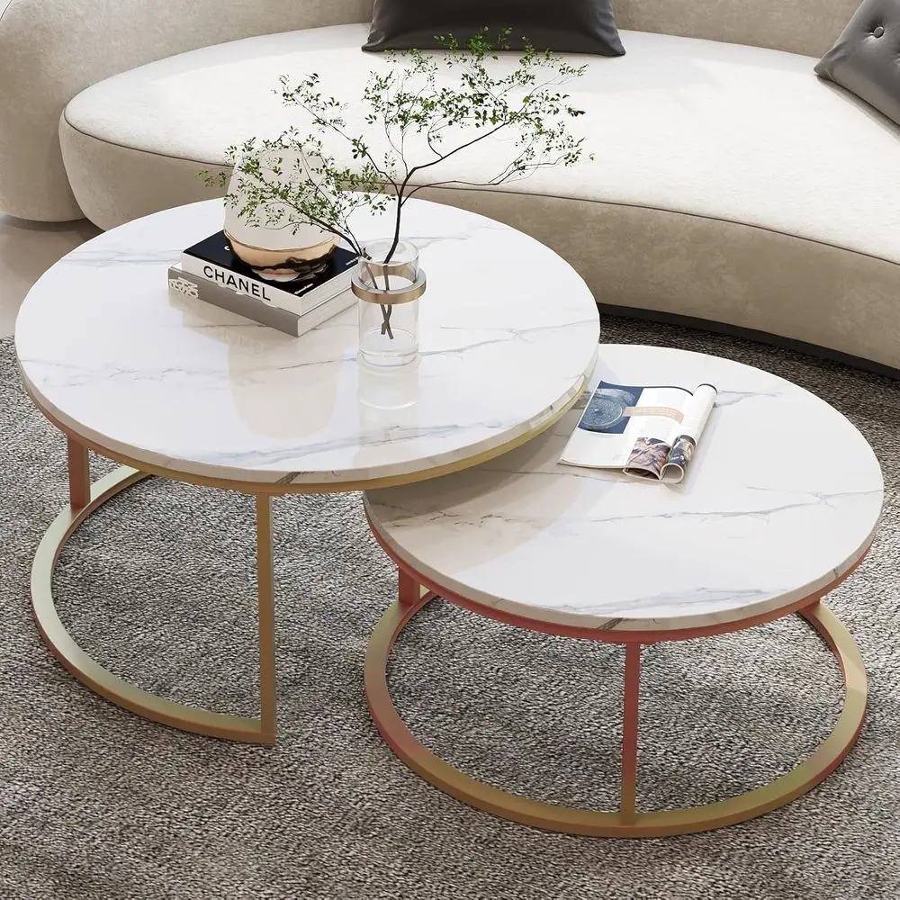

Modern Nesting Coffee Tables Set: Large 34, Small 26, Gold Metal Frame with High Gloss White Marble Tops