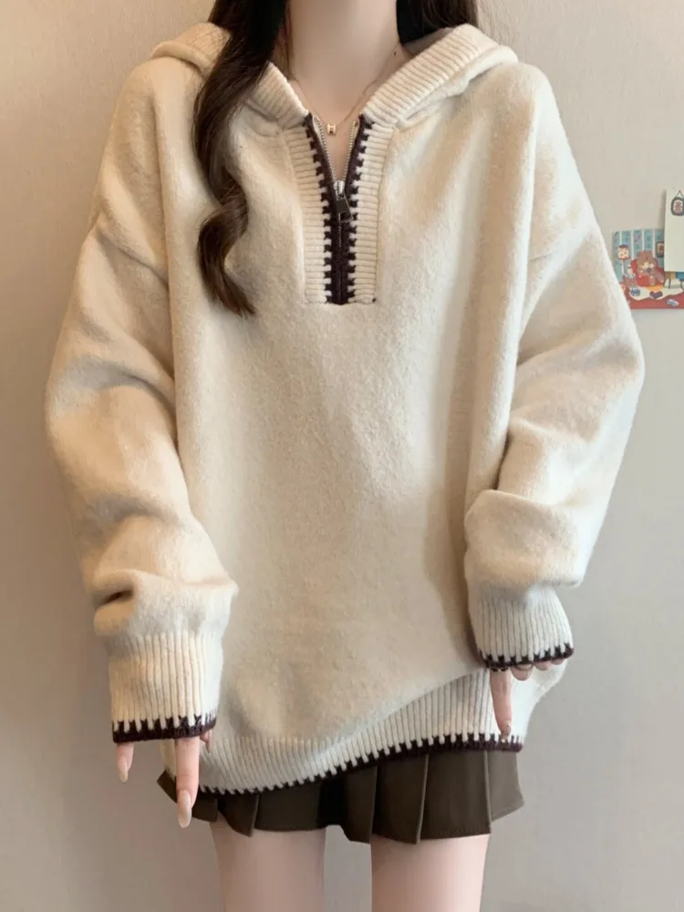 

Женская вязаная толстовка оверсайз на молнии, весенняя, свободная, в стиле кэжуал, больших размеров, скрывающая живот, модный топ