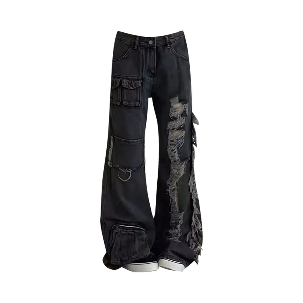 Tamanho grande europeu americano subcultura cintura alta jeans rasgados 2025 feminino nova rua multi-bolso y2k solto calças de perna reta