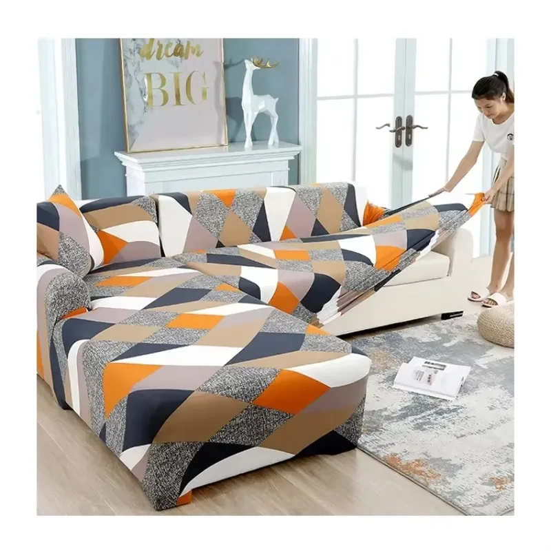 Geometric Cube Puzzle Printing Waterproof Elastic Stretchable Spandex I Shape L  Sofa Cover Slipcovers