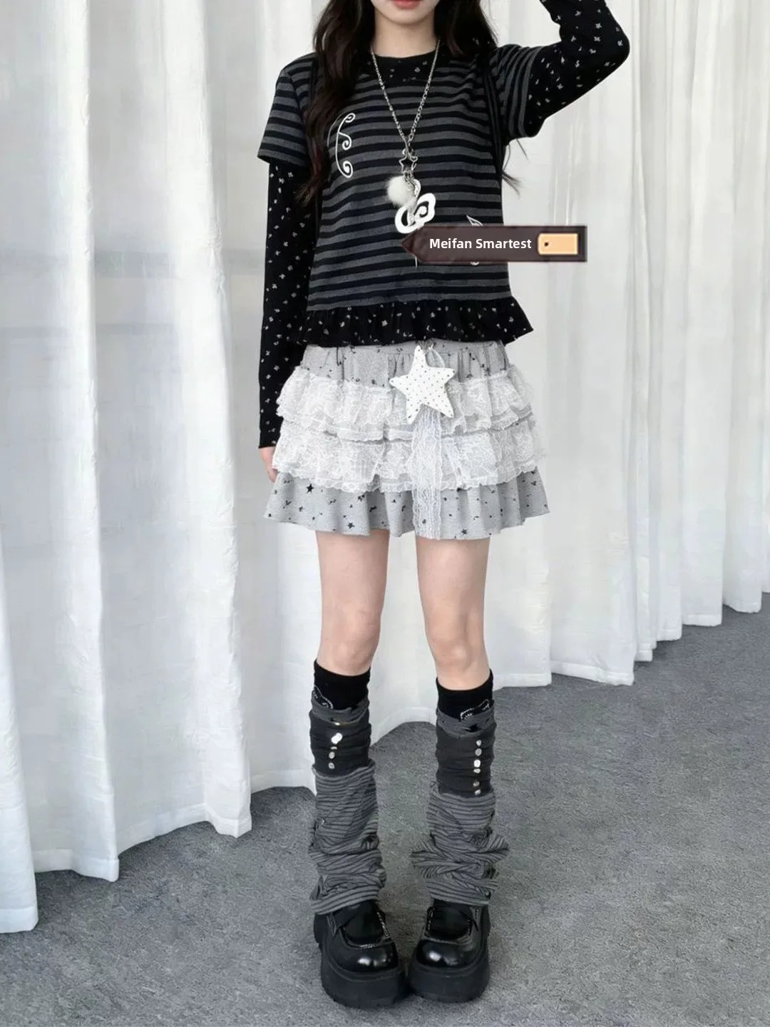 Gray Polka Dot Lace Short Skirt Women's Summer Half Body Cake Gingham Pleated High Waist Vintage Static Proof No  Casual