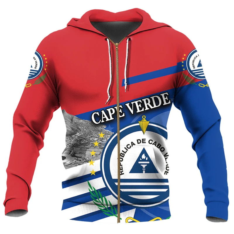 Africa Cape Verde Map Flag 3D Print Zip Up Hoodie For Men Patriotic Tracksuit National Emblem Graphic Sweatshirts Male Boy Tops