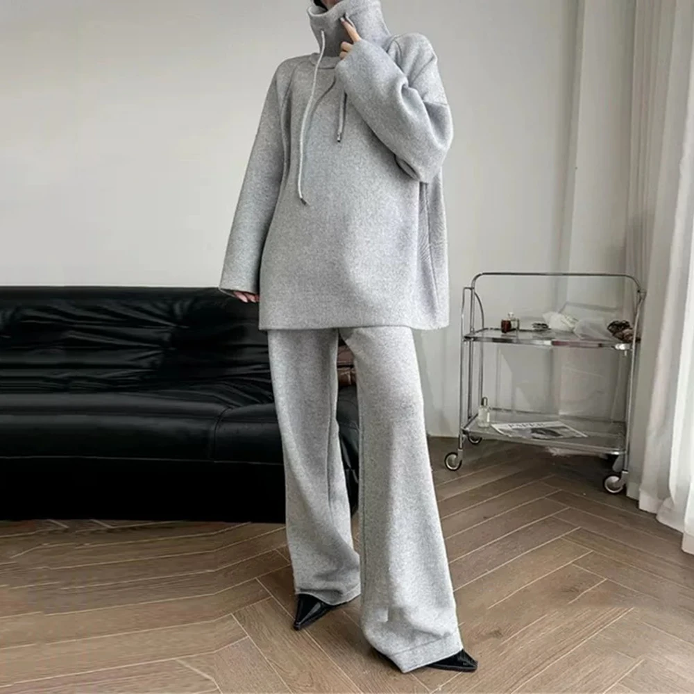 TWOTWINSTYLE Solid Two Piece Sets For Women Hooded Long Sleeve Sweatershirts High Waist Wide Leg Pant Minimalist Set Female New