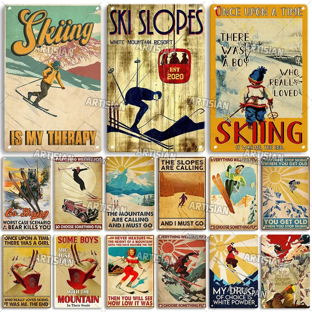 Artisian Skiing Metal Poster Snowboarding Tin Sign Sledding Sport Decorative Plaque Wall Decor Garage Bar Pub Club Hotel Cafe