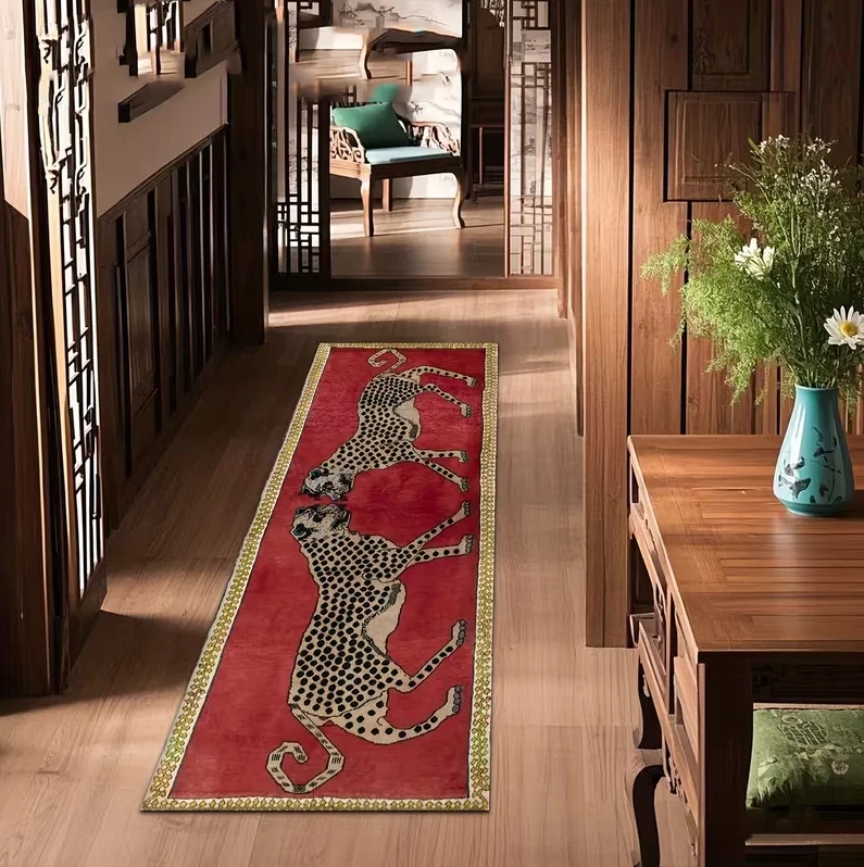 Leopard Print Runway Pad, Red Background Gold Border Living Room Corridor Bedroom Outdoor Corridor Decoration Living Room Carpet