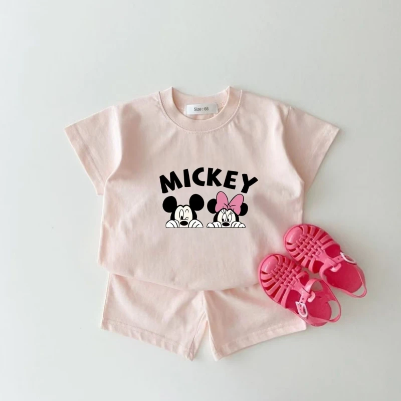 

Летний комплект хлопковой одежды для маленьких мальчиков, футболки и шорты с принтом Диснея и Минни для девочек, костюм из 2 предметов, детская одежда с короткими рукавами
