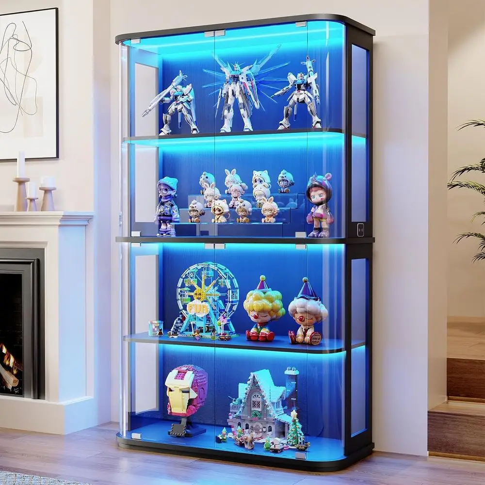 Large Rounded Display Cabinet with Glass Door, 4-Tier Curio Cabinet with 3 Color Lights or Collectibles, Glass Display Case with