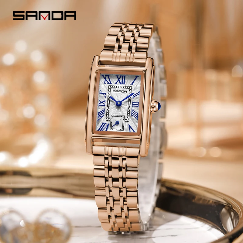 SANDA 1116 Elegant Women's Quartz Watch, Rectangular Dial Waterproof Casual Business Wristwatch, Stainless Steel Strap