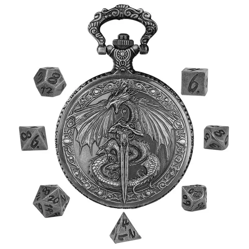 7 Pcs Mini Metal Dice And 1Pc Pocket Watch Set Retro Metal Material Durable Polyhedral Mini Dice For Role Playing Game And Gift