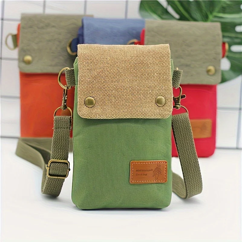 Retro Canvas Mobile Phone Bag Large Capacity Crossbody Bag with Card Holder Wallet Strap Purse Mini Vintage Cellphone Pouch