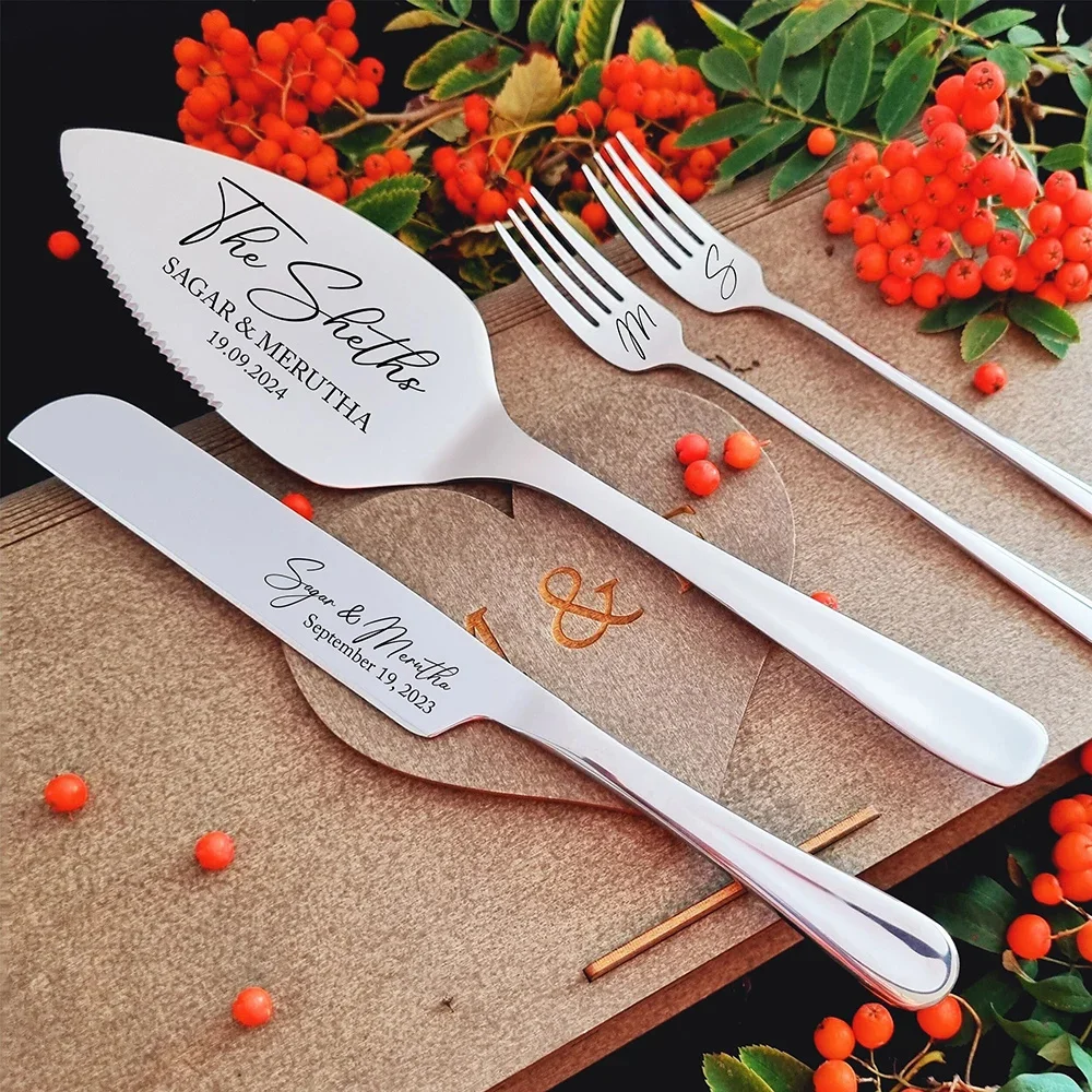 Custom Wedding Champagne Cake Cutting Set Anniversary keepsake for Mr&Mrs Stainless Steel Knife Shovel and Forks Party Gift