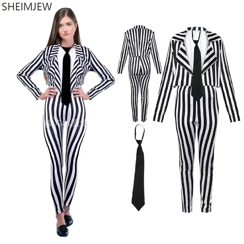 Halloween Horror Underworld Master Cosplay Costume Adult Women Black White Vertical Striped Fantasy Suit Carnival Party Dress Up