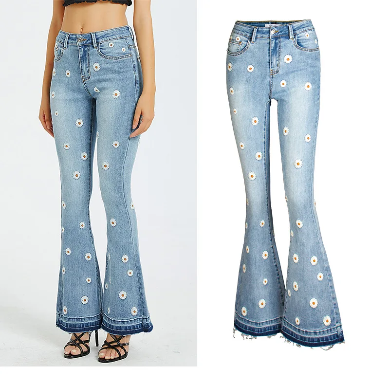 Women Jeans Flare Pants Embroidery Boot Cut Stretch Mid Waist Pockets Distressed Washed Denims Trousers Vintage Streetwear
