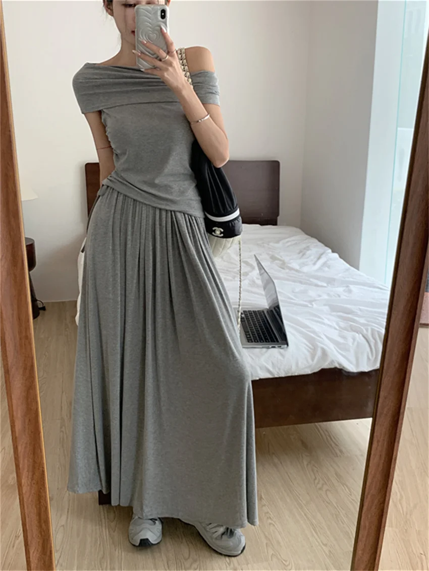 

Alien Kitty Eleagnt Sexy T-Shirts Women Slim Slash Neck Tees 2023 Sets OL High Waist Long Skirts Gentle New Summer Solid Suits