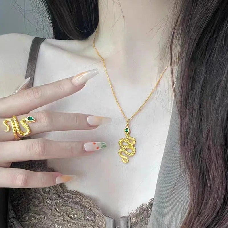 AU999 Gold Spirit Snake Set 24K Gold Integrated Chain Internet Celebrity Ins Style Clavicle Chain Girls Snake Ring Pendant