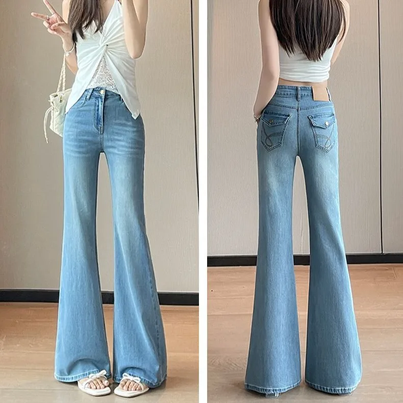 Women's Summer Thin Tencel Micro Flare Jeans, High Waist Figure-Flattering Wide Leg Pants, Loose Non-Clinging Flared Denim Trous