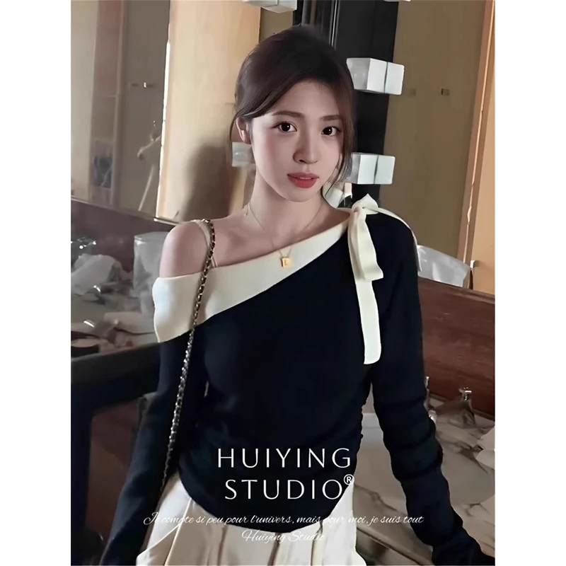 Slash Neck Off Shoulder Knitting Bottoming Shirt Women Autumn Winter Elegant Temperament Sweater Fashion All-match Knitwear Tops