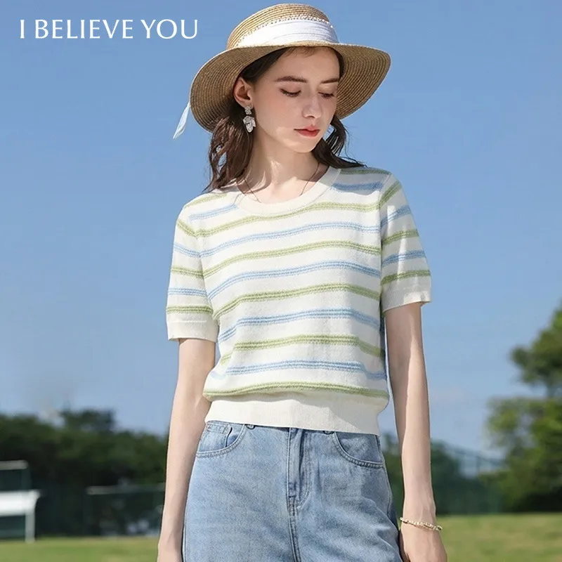 

I BELIEVE YOU Женские полосатые жаккардовые вязаные пуловеры с цветовыми блоками, новинка Весна 2026, элегантный женский топ с ребристым вырезом 2261146385
