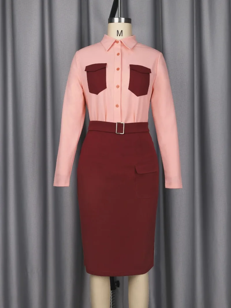 Elegante Kerkjurken Lange Mouwen Kraagvorm Dames Kleurblok Patchwork Kantoor Dames Werk Zakelijk Herfst Afrikaans Nieuw