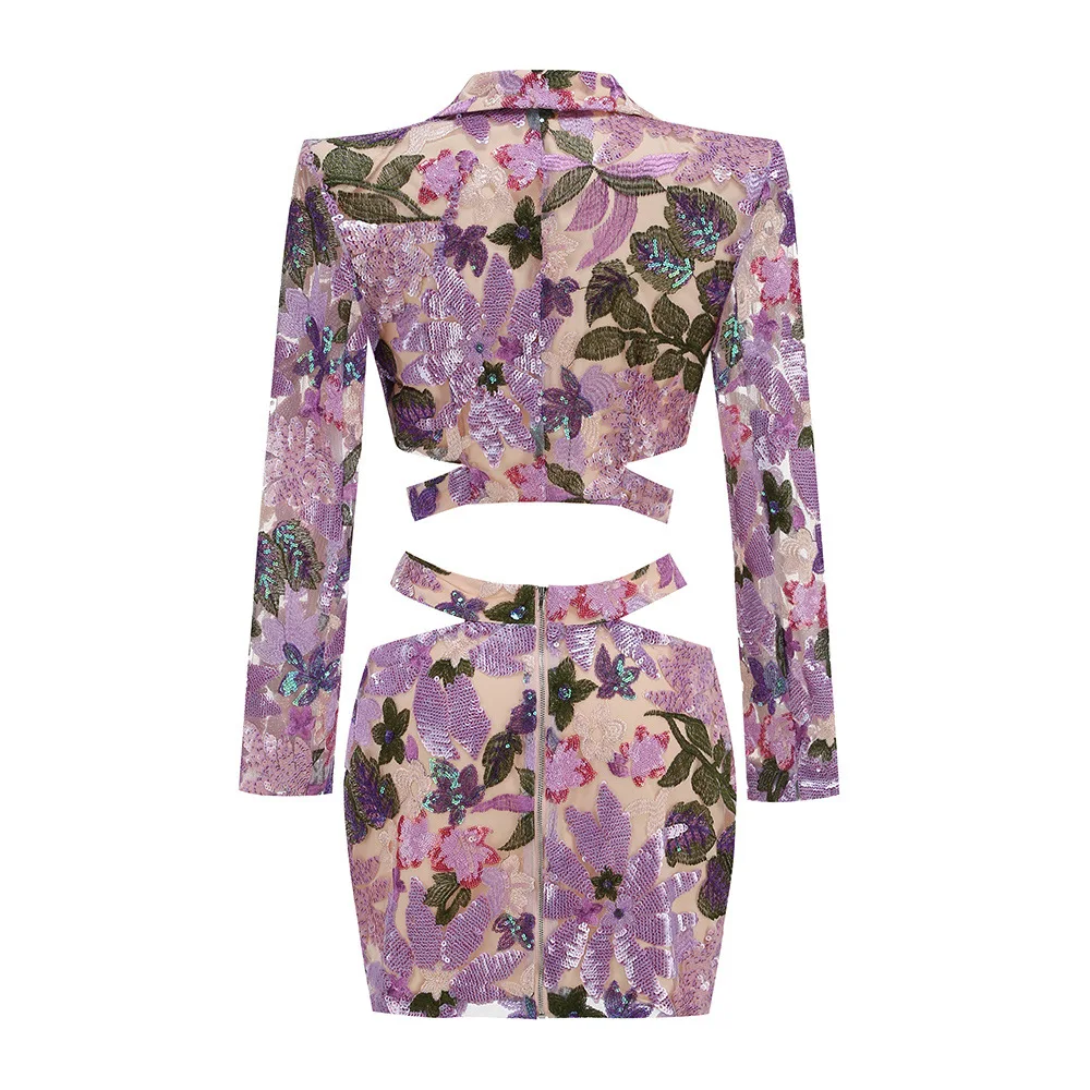 Luxury See Through Sequin Floral Mini Dress Two Piece Set Fashionable Sexy Blazer Skirt Gown Prom Cocktail Party Club Wear