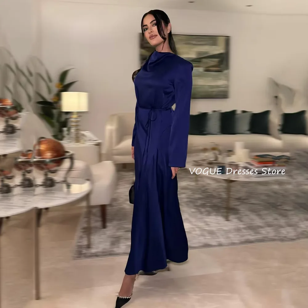

Navy Blue Prom Dresses for Women O Neck Satin Formal Occasion Dresses for Women Long Sleeves Saudi Arabic Party Prom Gown