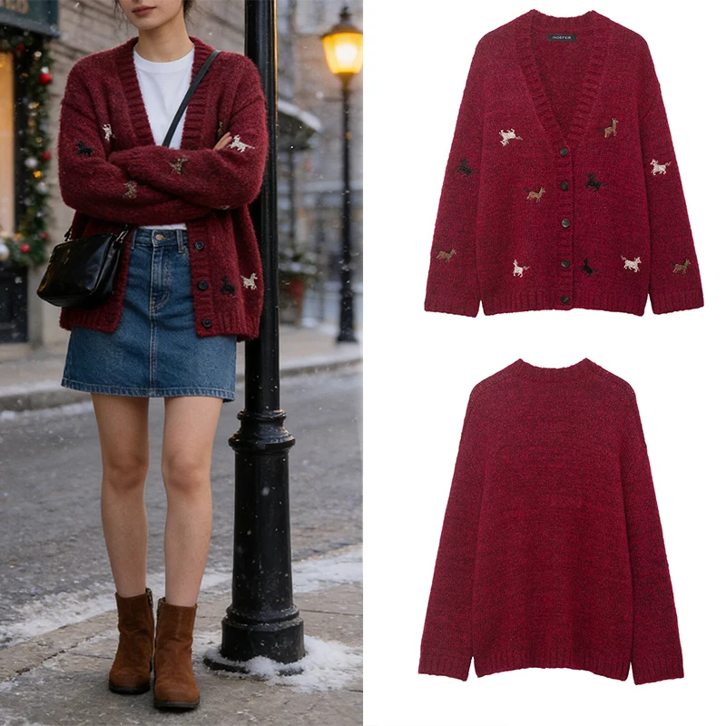 

Женский кардиган с рисунком собаки винно-красного цвета — свободный толстый вязаный свитер на пуговицах с длинными рукавами, новинка 2026, женская мода