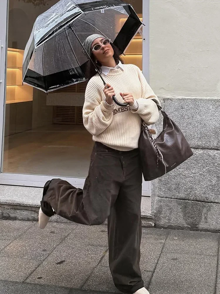 Letter Embroidered Women's Sweater Knit Oversize O-neck Long Sleeve Female Knitwear 2026 Spring Chic Casual Daily Pullover