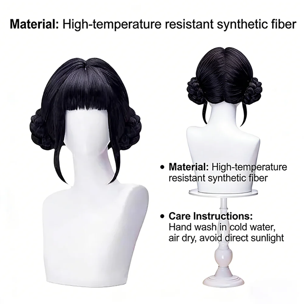Double Bun Cosplay Wig With Bangs Black Dark Purple Zoey Heat Resistant Synthetic Full Wig For Women Daily Wear Anime Party