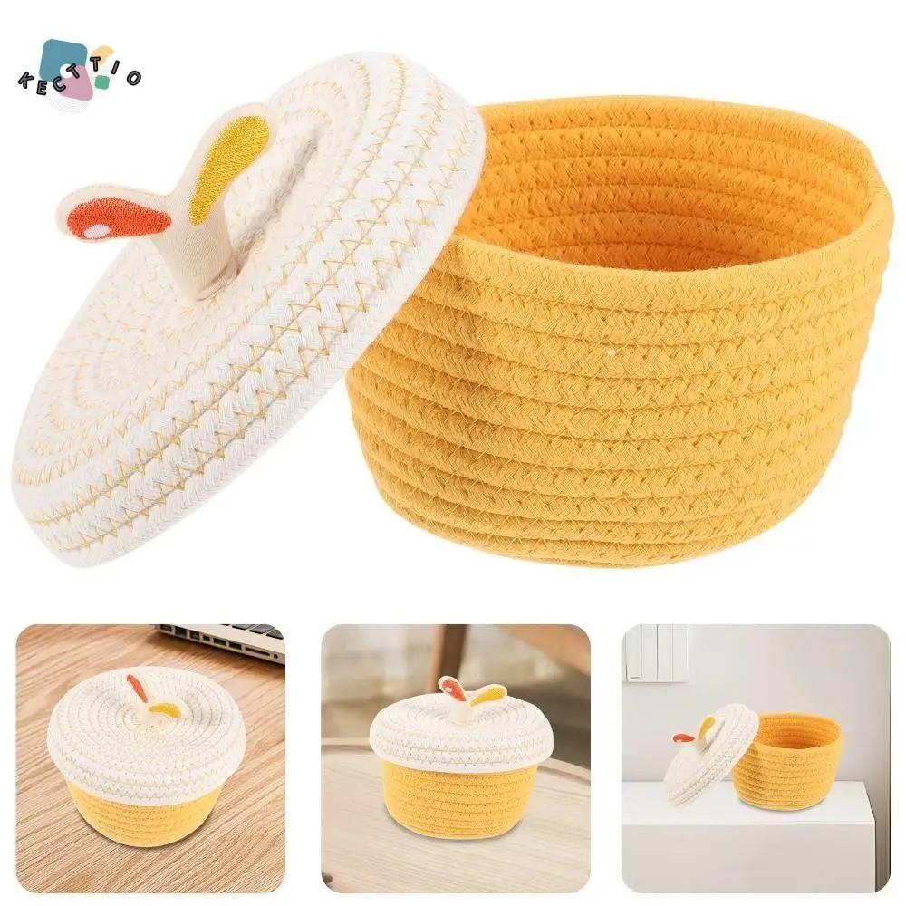 

Плетеная корзина для хранения из хлопчатобумажной веревки с крышками, декоративная настольная коробка для хранения, стильный круглый органайзер для мелочей, косметический