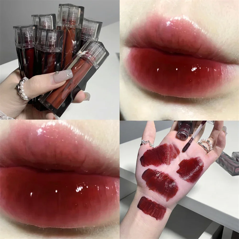 Dark Red Brown Mirror Glass Lipstick Cosmetic Long Lasting Women Sexy Lip Tint Makeup Matte Velvet Chestnut Lip Gloss Waterproof