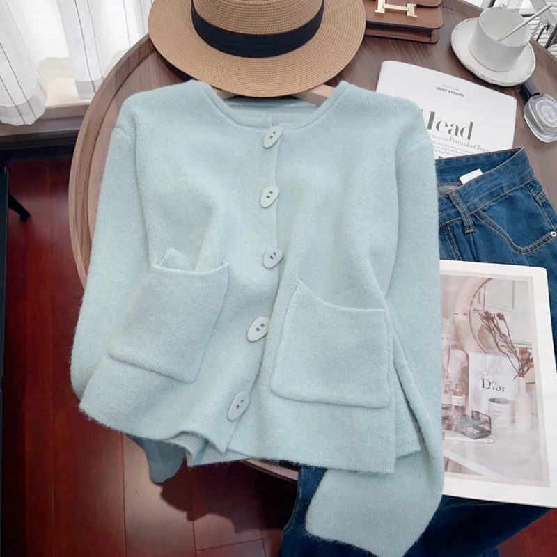 Blue Round Neck Cashmere Women Clothing Vintage Knitting Sweater Cardigan Jacket Long Sleeve Casual Fashion Female utumn Tops