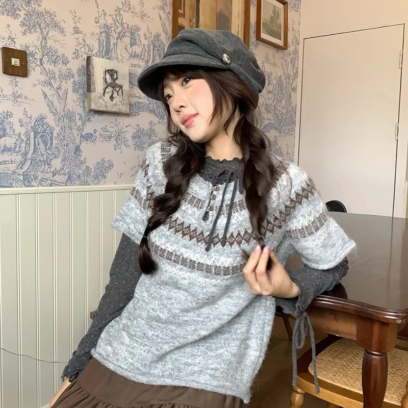 Vintage Print Sweater Vest Women Harajuku Patchwork Knitted Pullovers Waistcoat Japanese Short Sleeve Knitwears Winter Jumpers