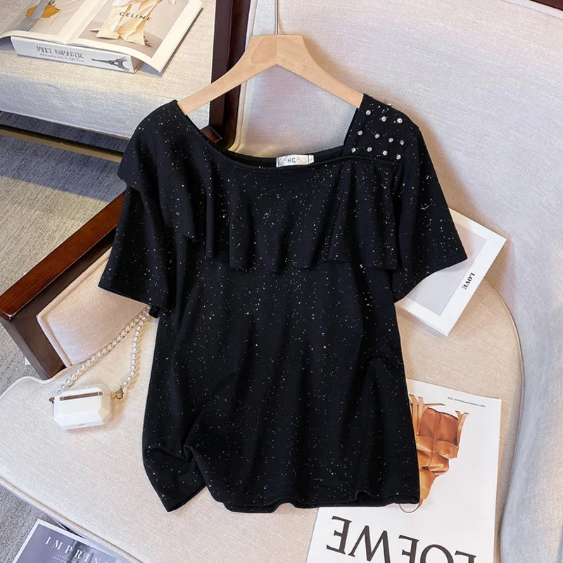 Summer XL-4XL Large Size Diamonds Shining Tops Female Cotton Ruffles Oversize T-shirt Fashion Short-sleeve Square Collar Tshirt