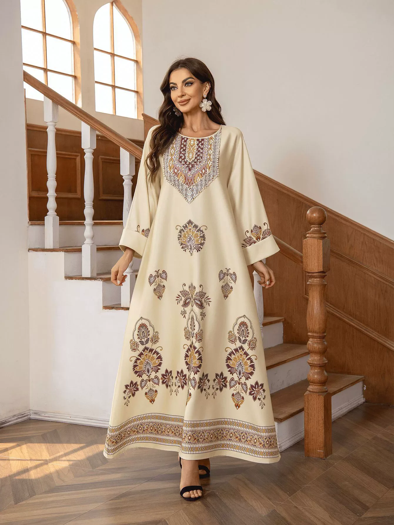 Moyen-Orient arabie saoudite musulman luxe mode islamique Ramadan Robe col rond imprimé diamant clouté ample a-ligne Robe