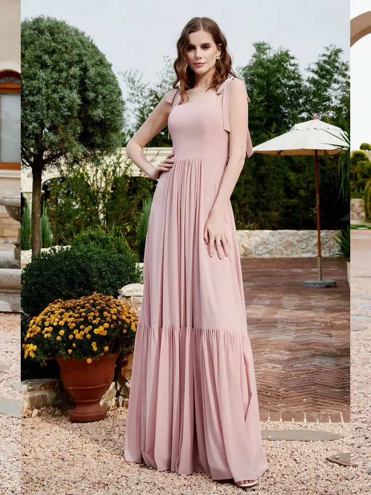 Square Neckline Ruched Chiffon Dress Sleeveless Long Bridesmaid Dress