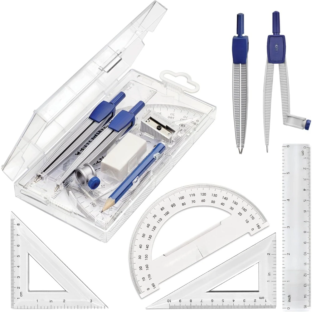 10-piece math set metal compass, 6-inch ruler and triangular square, 45° and 30/60° set square