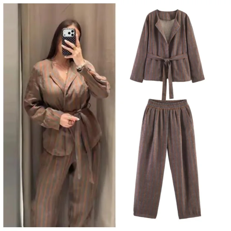 Women's Pants Set Two Piece New 2026 Spring Autumn Casual O-Neck Long Sleeves Blazer Striped Trousers 2 Piece Set Female Outfit