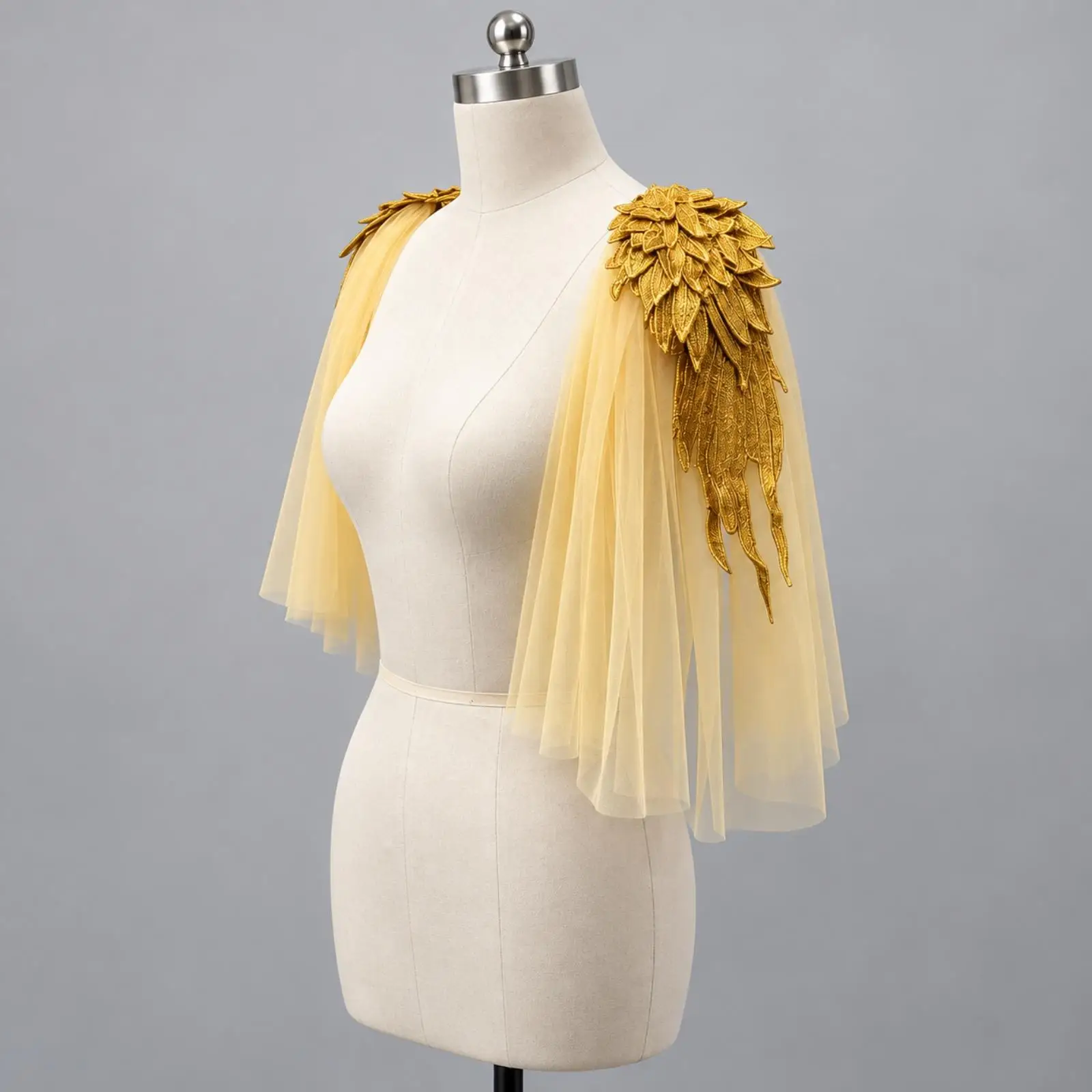 Women Black Mesh Cape with Embroidered Wings Draped Shoulder Wrap for Evening Dress Cocktail Party