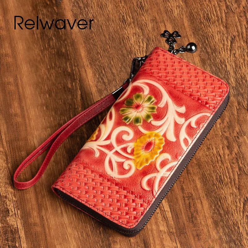 

Relwaver genuine leather floral embossing wallet 2024 summer zipper long clutch purse Chinese style party women wallet