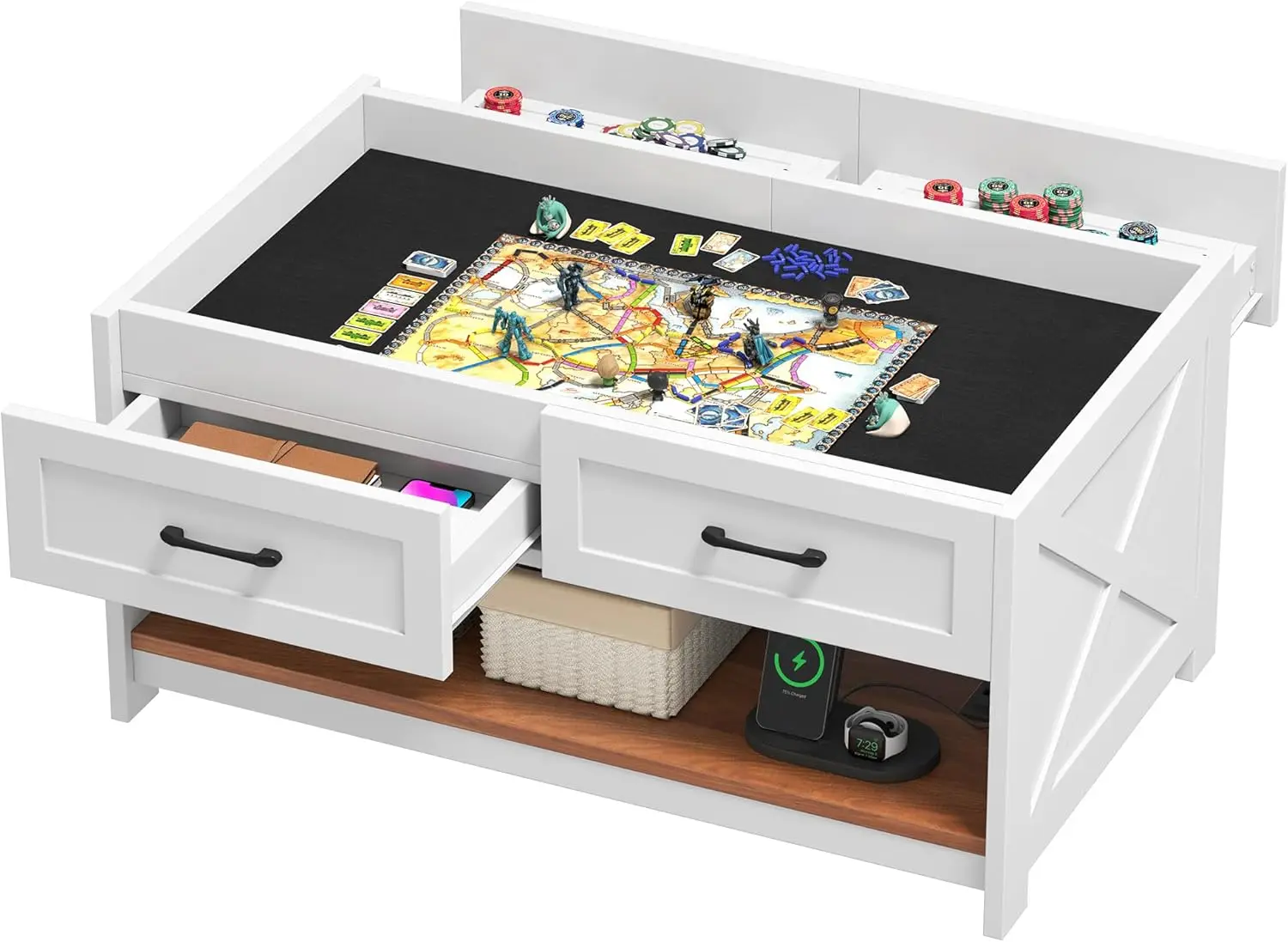 

Coffee Table: 3-in-1 Puzzle Living Room Table with 4 Drawers, Play Mat, Power Outlet, Removable Top Walnut