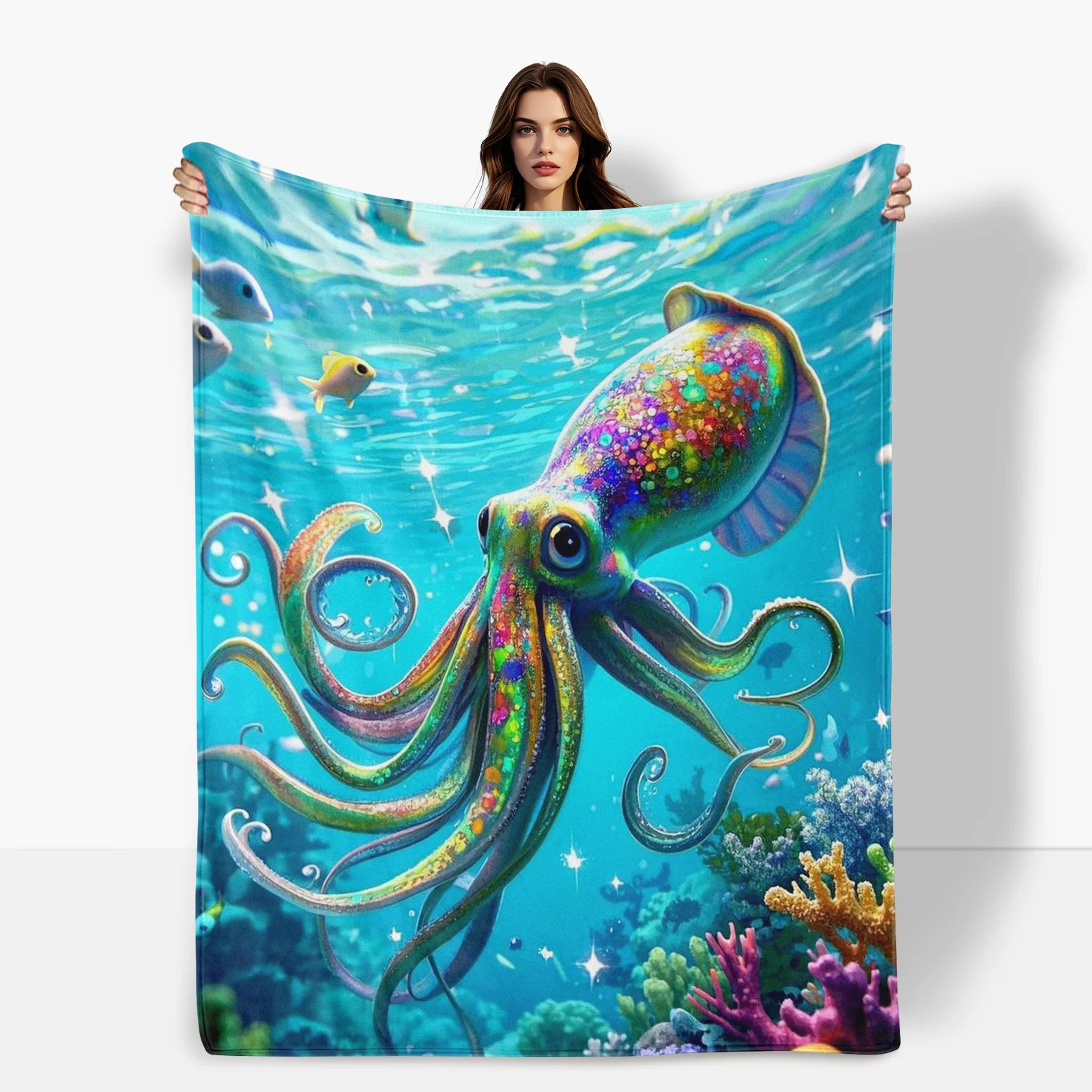 Couverture sous-marine colorée en forme de poulpe arc-en-ciel, pour thèmes fantastiques d'océan et vibrations de mer bleues fantaisistes dans la décoration de la maison