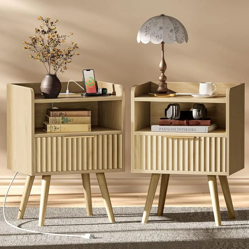 Nightstand with Charging Station, USB-C Port, luted Night Stand Set o 2, Bed Side Table with Der, Solid Wood eet, Open Storage,