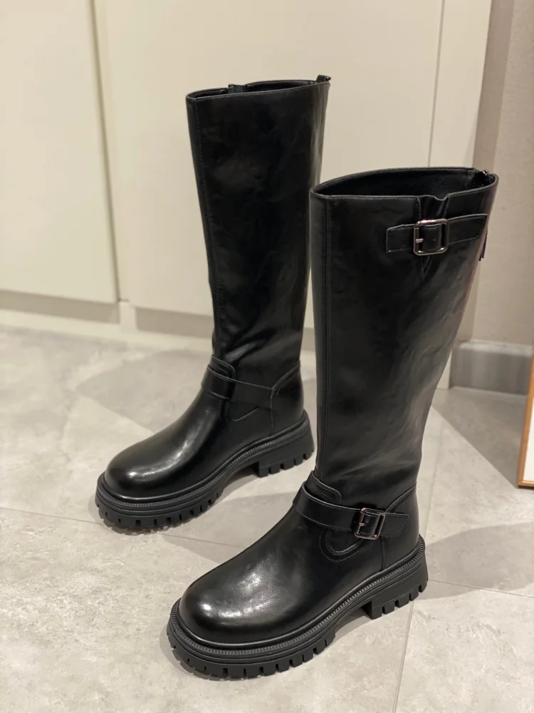 

Women's Winter Fashion High-Tube Comfortable Light Casual Retro round Head Thin Fleece Long Boots Slip-On Rubber Outsole