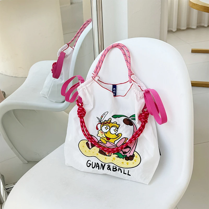 2024 Ball Chain Embroidered Canvas Bag Reusable Bag Kawaii Nylon Fashion Handbag Commuter Shopping Messenger Bag Y2K Girls Gifts