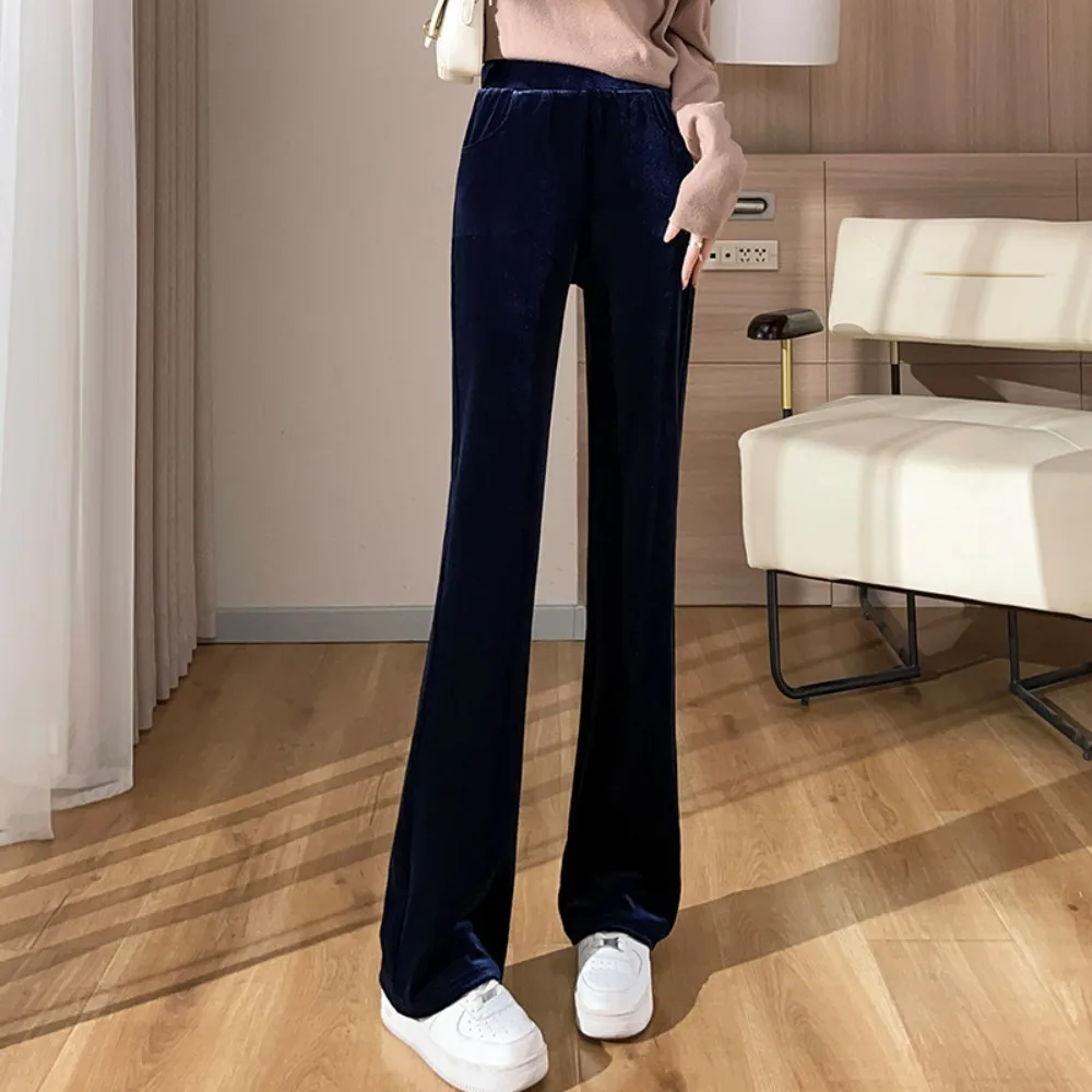 レディースベルベットワイドレッグパンツ、2025年ナローフィットハイウエストドレープ効果付きトラウザーズ |   黒色のスリムストレート