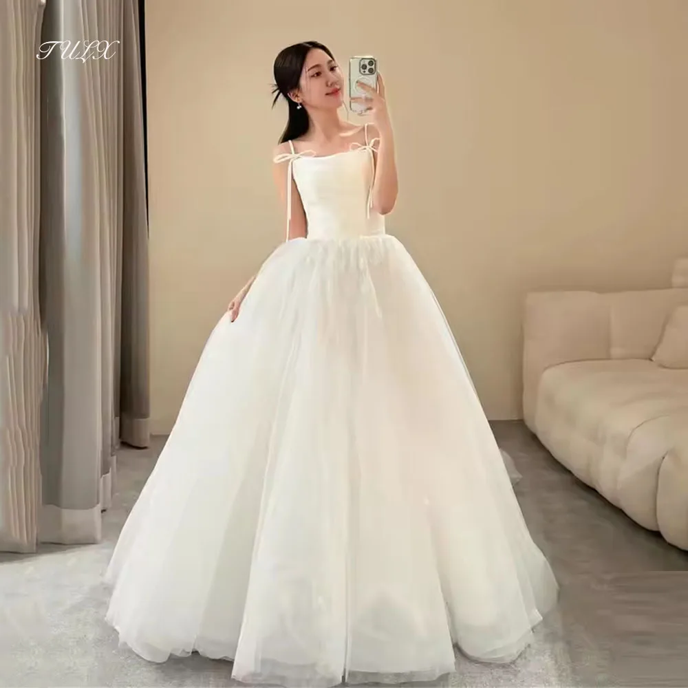 TULX Fairy Bow Straps Korea Wedding Photo Shoot Dress Ivory Fluffy A Line Floor Length Bridal Gowns Corset 웨딩드레스 Customized