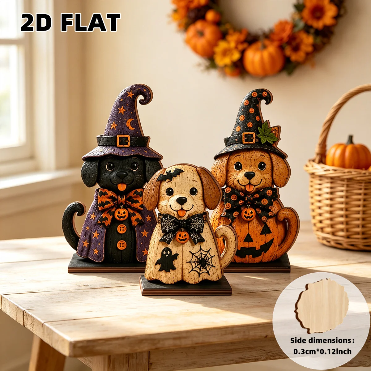 3PCS 2D Flat Wooden Halloween Sign, Puppy Witch Hat Pumpkin Party Decor, Christmas Mid-Autumn Holiday Gift, Home Office Tabletop