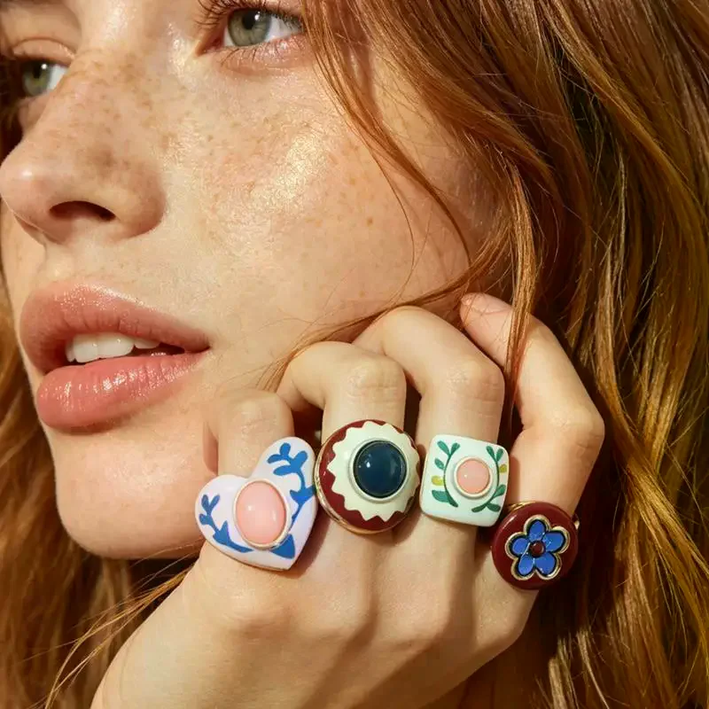 Vintage Geomertric Round Heart Drip Oil Rings For Women Men Temperament Personality Adjustable Rings Banquet Jewelry Accessories