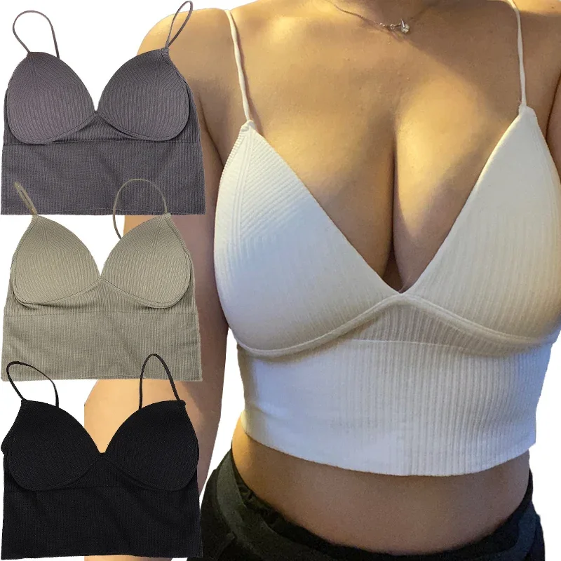 

Women Seamless Crop Top Underwear Sexy Stretch Push Up Bra with Chest Pads Knitted Striped Camisole Bralette Lingerie Tube Tops