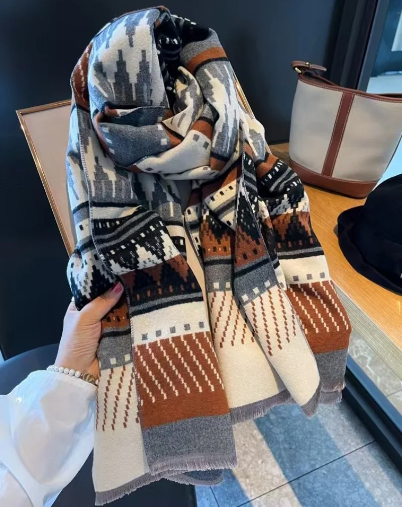 

Цвет Майяра, ромбовидный осенне-зимний шарф из искусственного кашемира, женская толстая теплая шаль двойного назначения